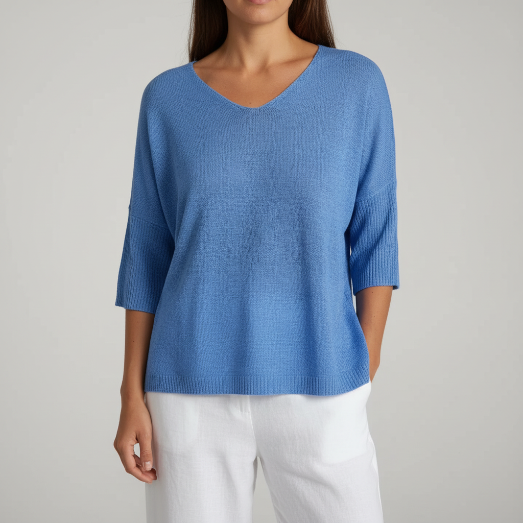 Women's Relaxed V-Neck Knit Top with Curved Hem – Blue