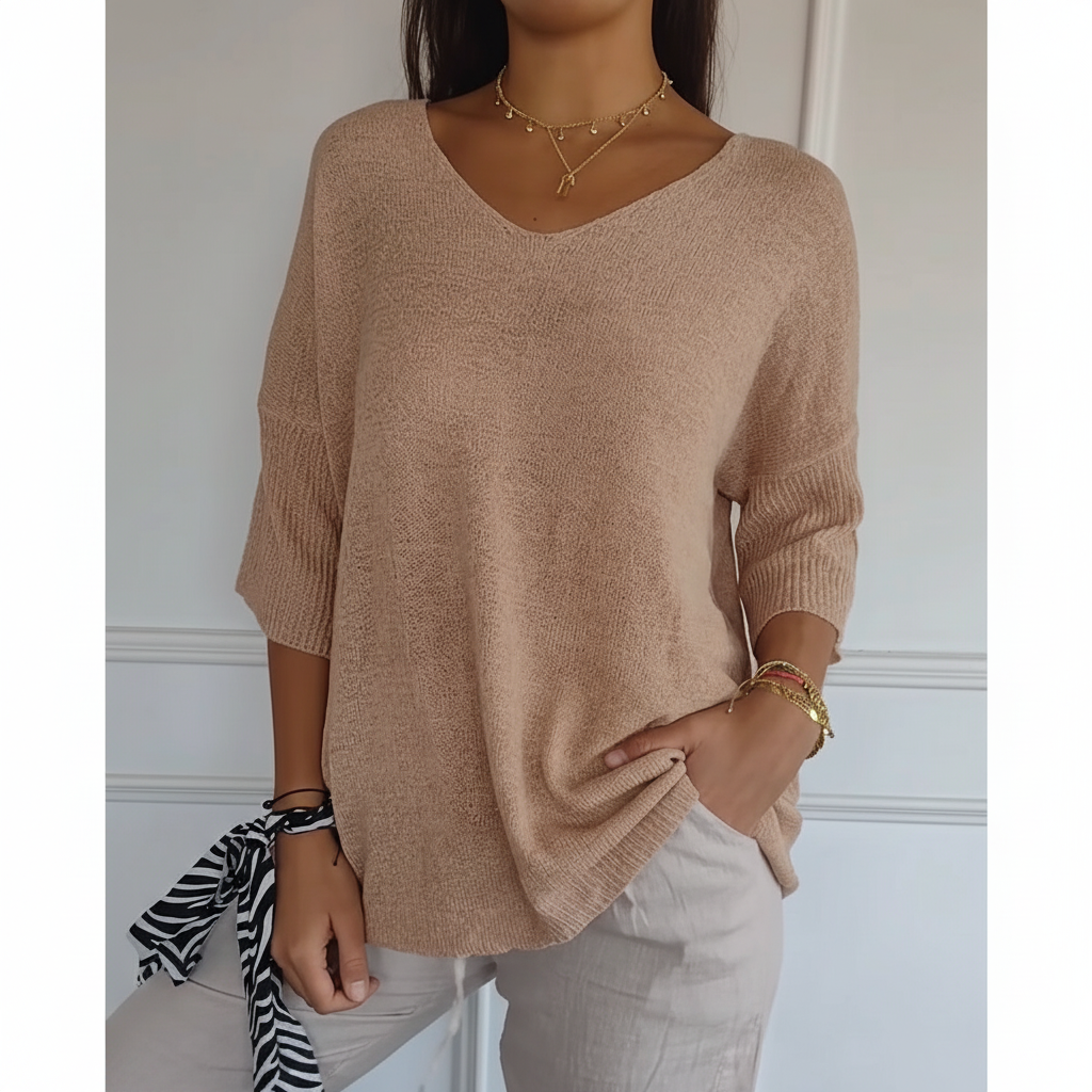 Women's Relaxed V-Neck Knit Top with Curved Hem – Khaki