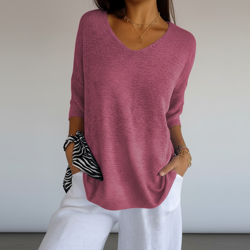 Women's Relaxed V-Neck Knit Top with Curved Hem – Dark Pink