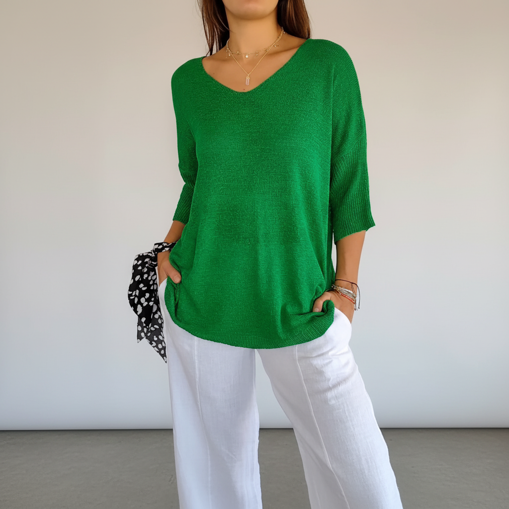 Women's Relaxed V-Neck Knit Top with Curved Hem – Green