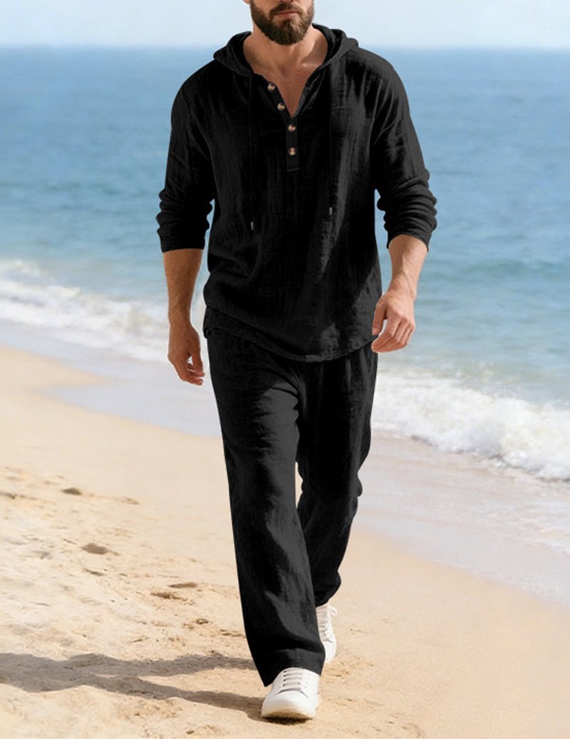 Men's Hooded Henley Lounge Set with Drawstring Trousers – Black