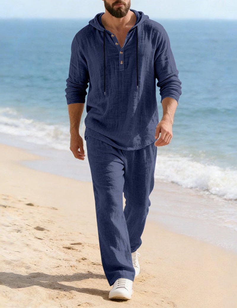Men's Hooded Henley Lounge Set with Drawstring Trousers – Navy Blue