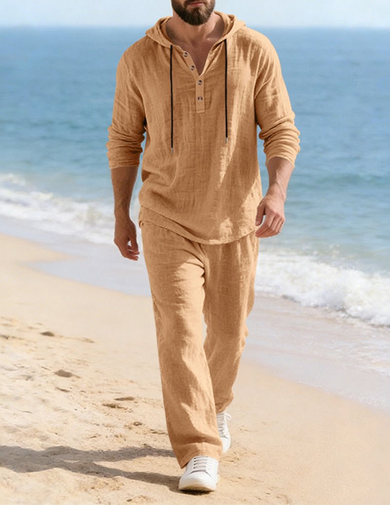 Men's Hooded Henley Lounge Set with Drawstring Trousers – Khaki