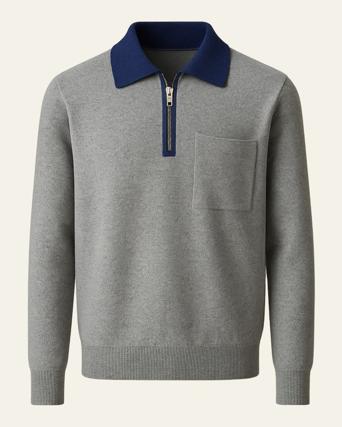 Men's Chest Pocket Knit Jumper with Polo Collar – Grey