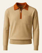Men's Chest Pocket Knit Jumper with Polo Collar – Light Brown