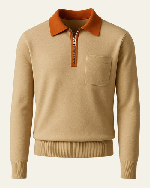 Men's Chest Pocket Knit Jumper with Polo Collar – Light Brown