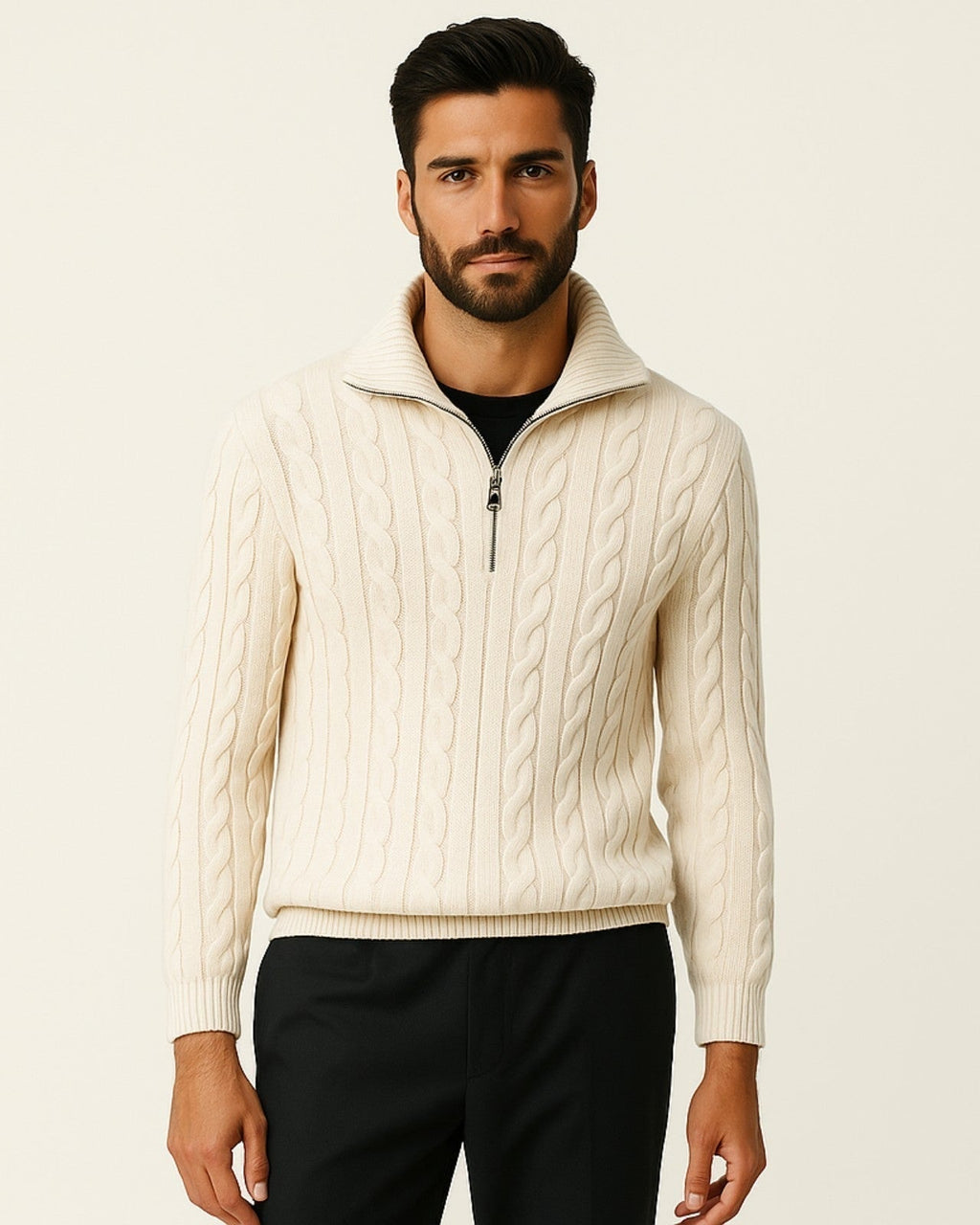 Men's Half-Zip Cable-Knit Jumper with Open Collar