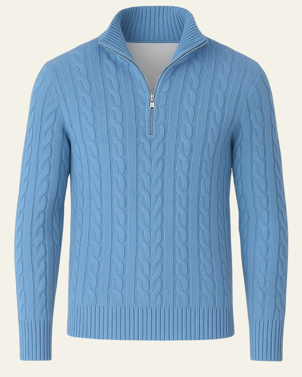Men's Half-Zip Cable-Knit Jumper with Open Collar – Sky Blue