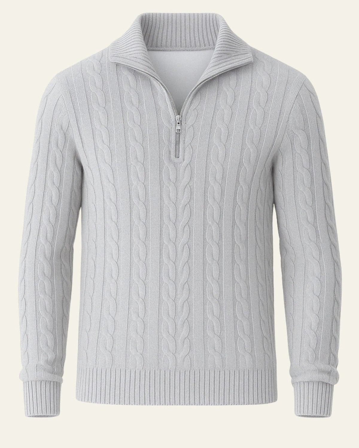 Men's Half-Zip Cable-Knit Jumper with Open Collar – Light Grey