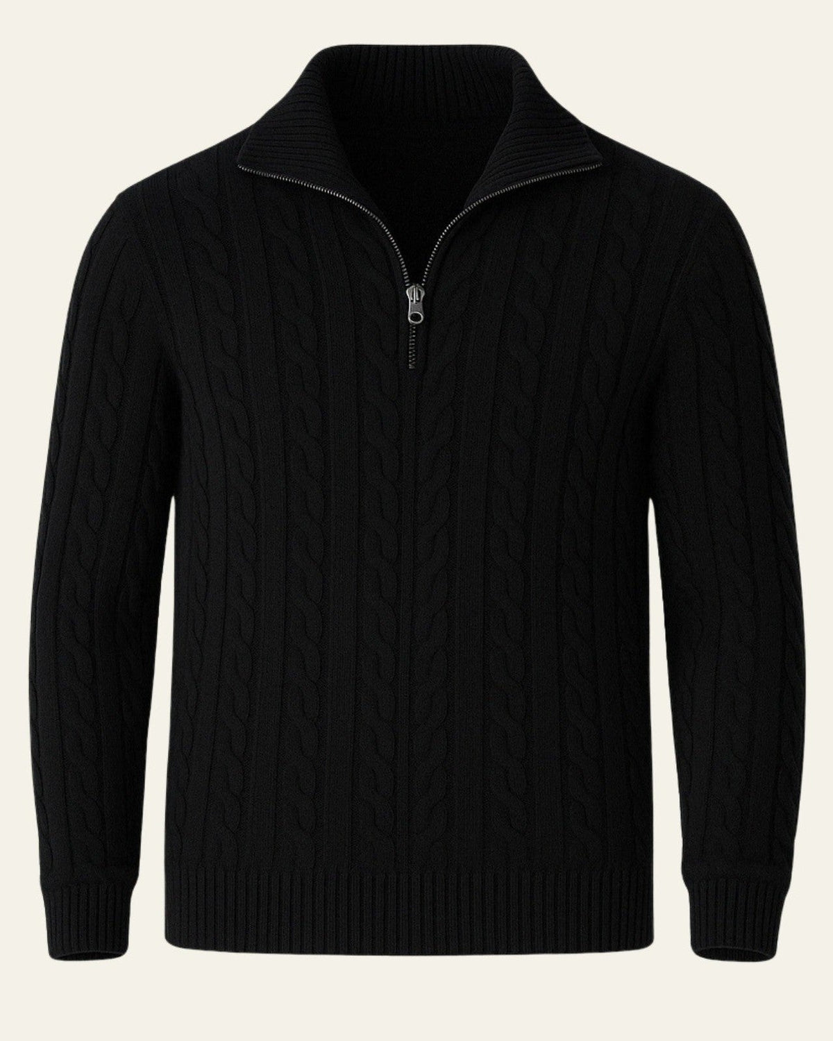 Men's Half-Zip Cable-Knit Jumper with Open Collar – Black