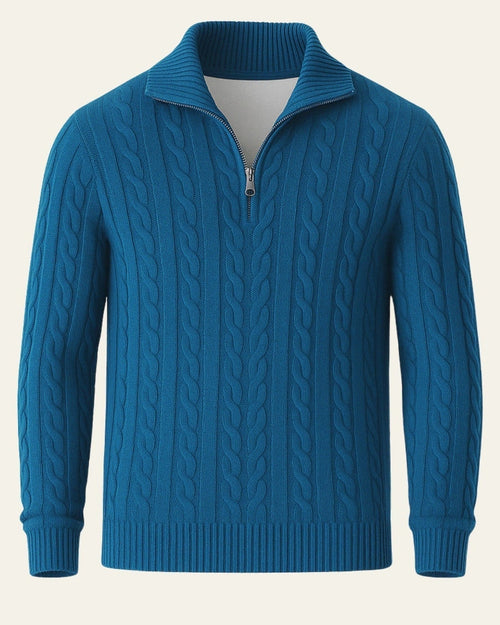 Men's Half-Zip Cable-Knit Jumper with Open Collar – Blue Green