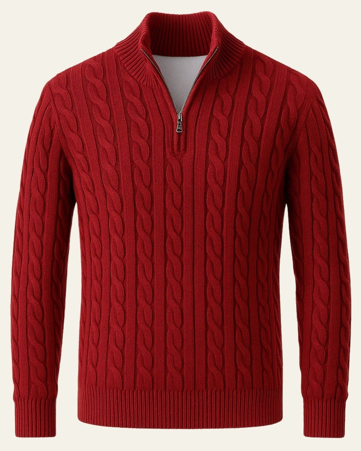 Men's Half-Zip Cable-Knit Jumper with Open Collar – Red