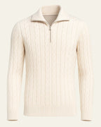 Men's Half-Zip Cable-Knit Jumper with Open Collar – Cream