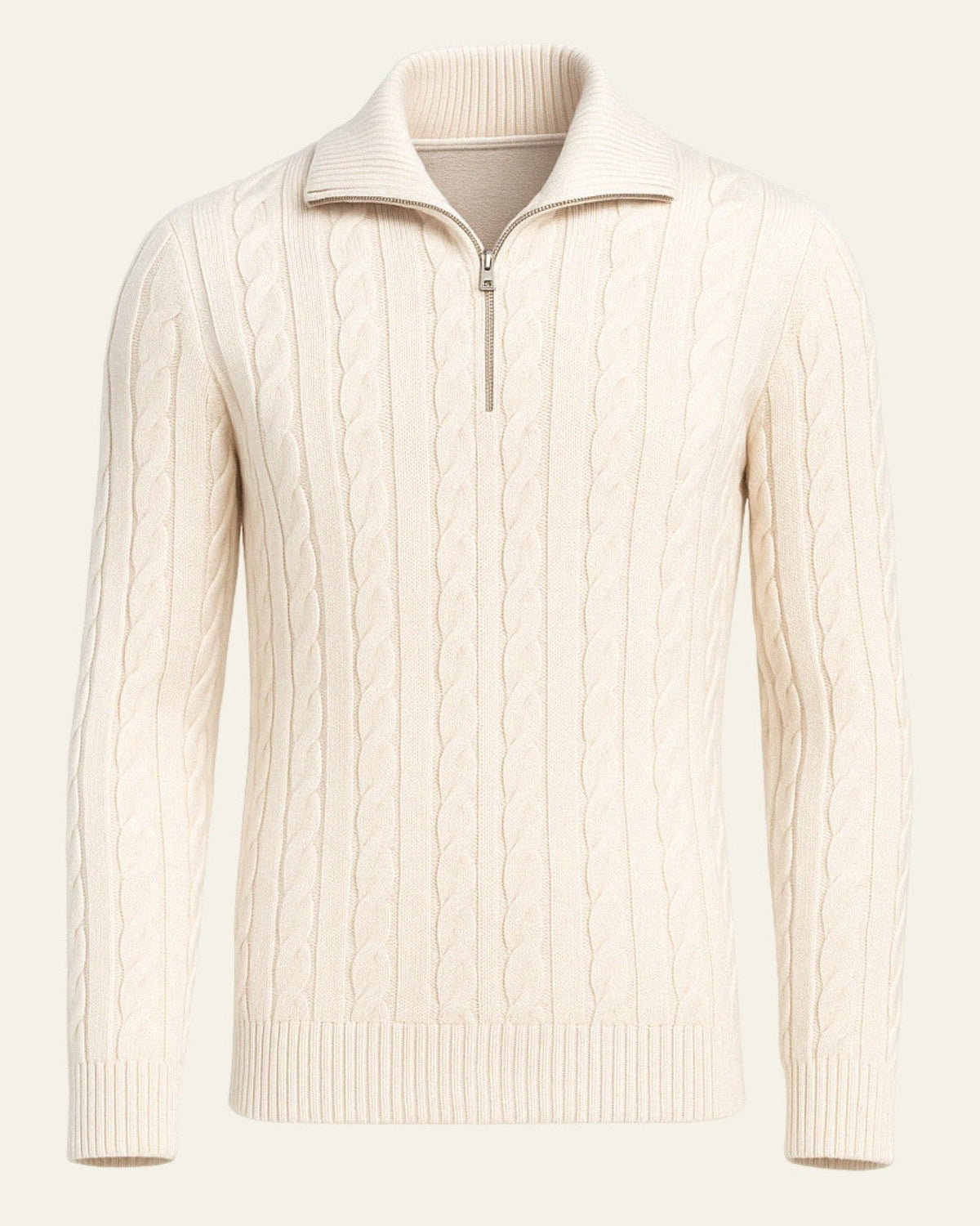Men's Half-Zip Cable-Knit Jumper with Open Collar – Cream
