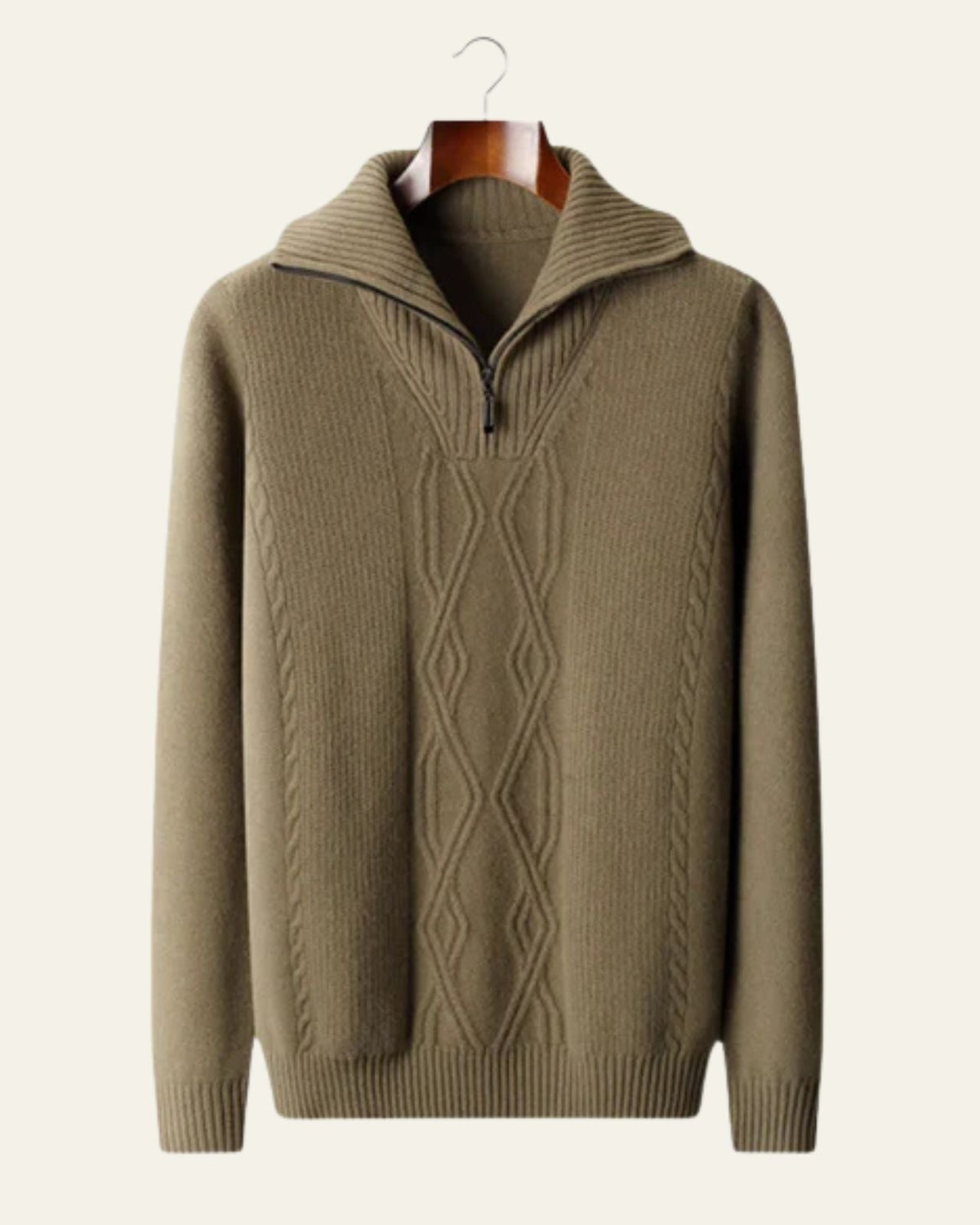 Men's High Collar Cable-Knit Quarter-Zip Jumper – Olive Green