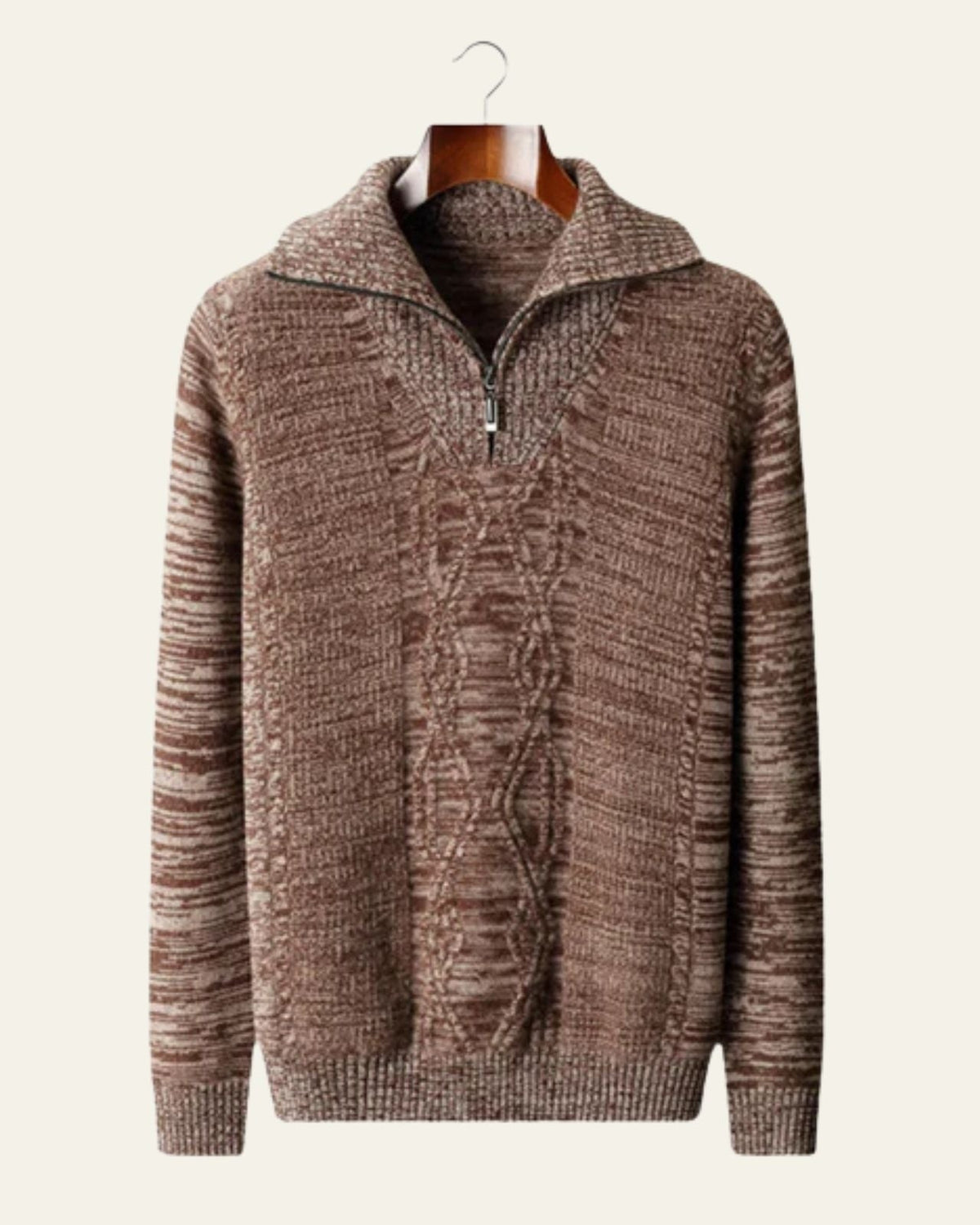 Men's High Collar Cable-Knit Quarter-Zip Jumper – Brown