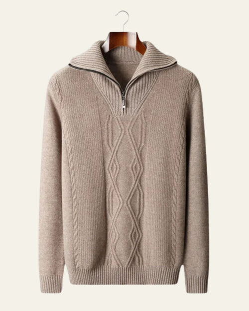 Men's High Collar Cable-Knit Quarter-Zip Jumper – Taupe