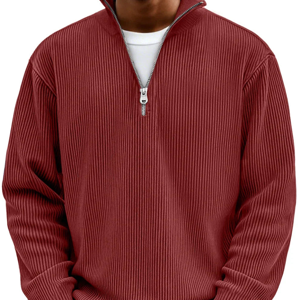 Men's Vertical Rib Knit Jumper with Zip Neck – Red