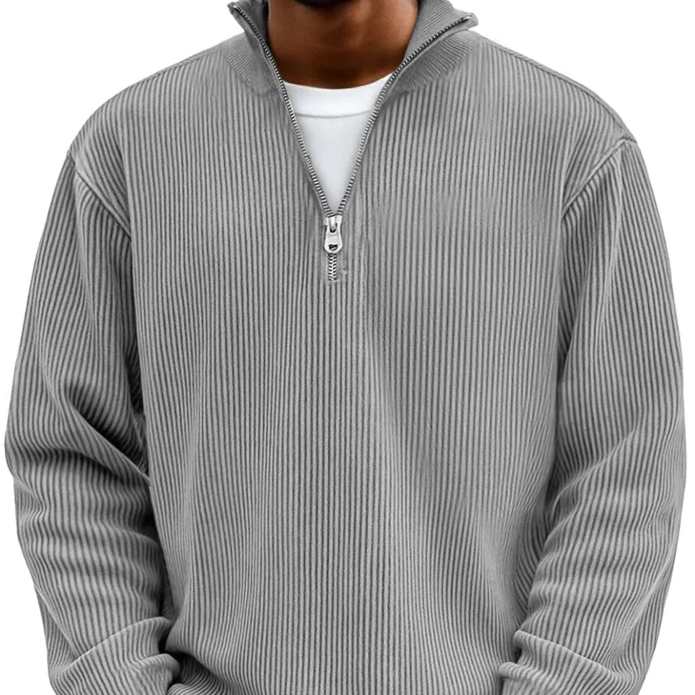 Men's Vertical Rib Knit Jumper with Zip Neck – Grey
