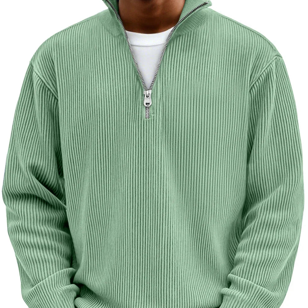 Men's Vertical Rib Knit Jumper with Zip Neck – Sage Green