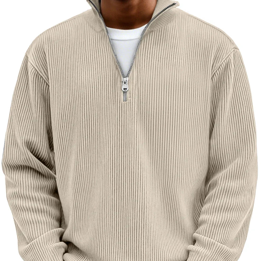 Men's Vertical Rib Knit Jumper with Zip Neck – Beige