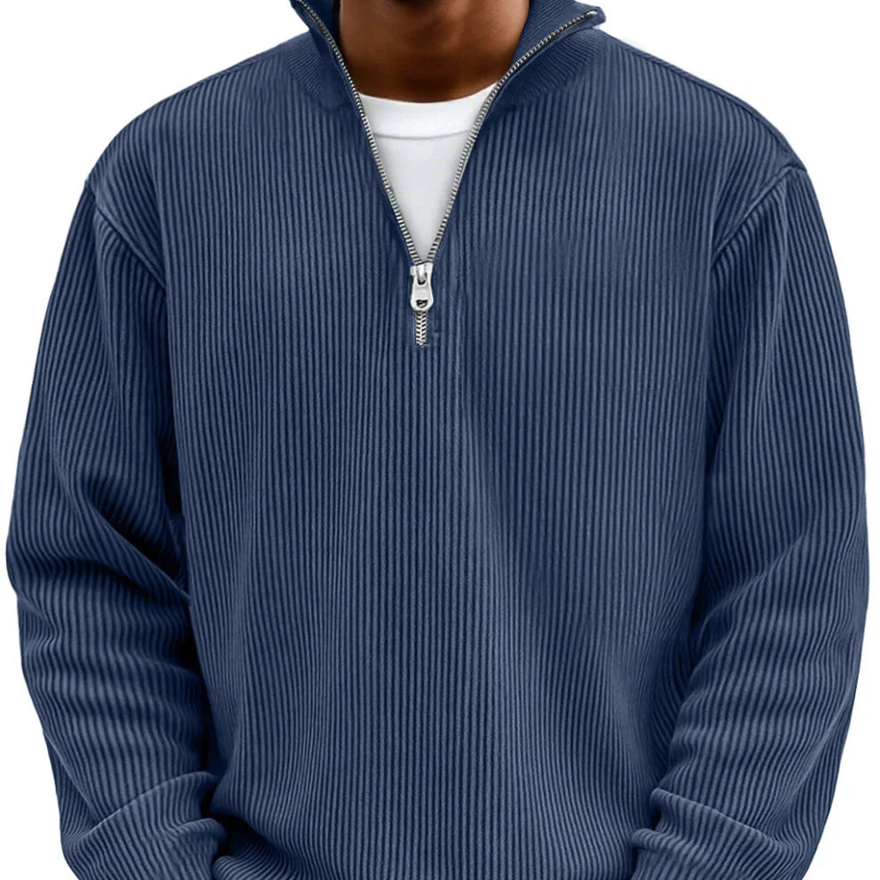 Men's Vertical Rib Knit Jumper with Zip Neck – Dark Blue
