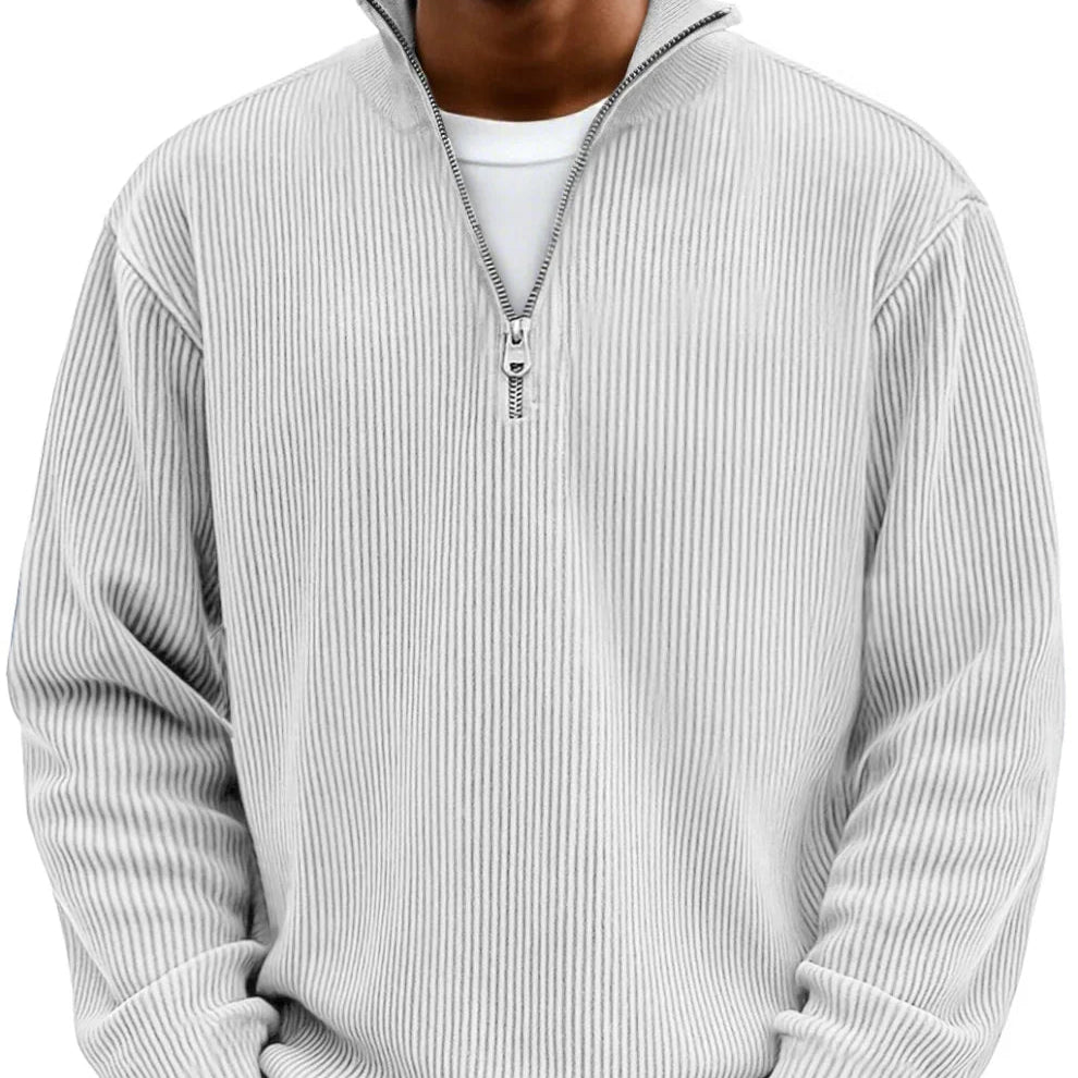 Men's Vertical Rib Knit Jumper with Zip Neck – Light Grey