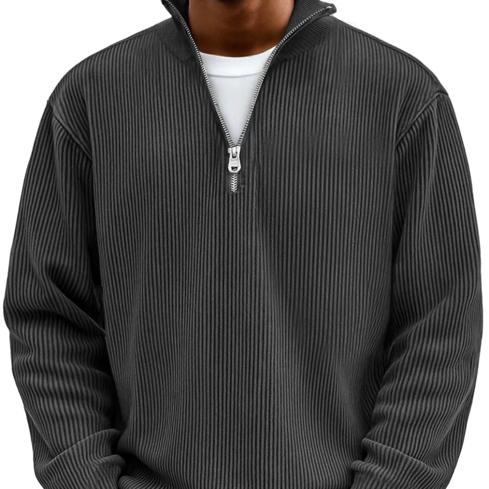 Men's Vertical Rib Knit Jumper with Zip Neck – Black