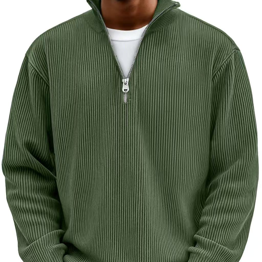 Men's Vertical Rib Knit Jumper with Zip Neck – Dark Green
