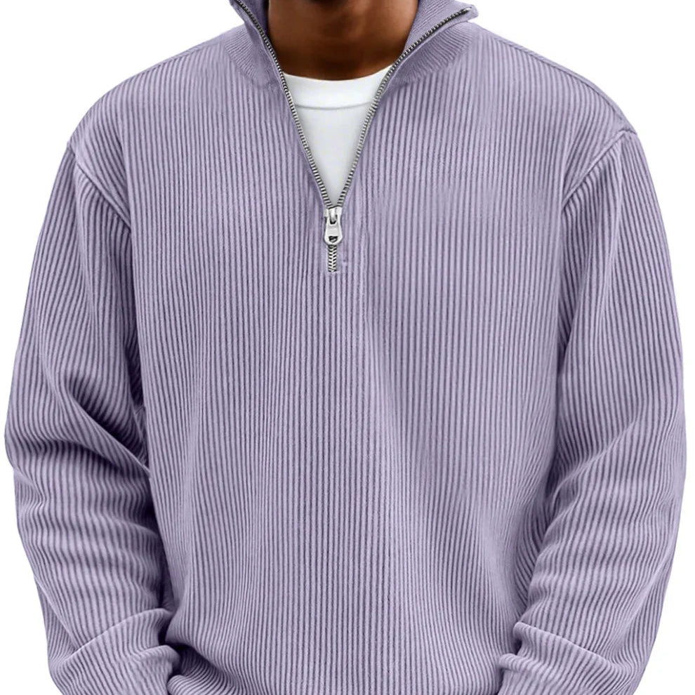Men's Vertical Rib Knit Jumper with Zip Neck – Light Purple