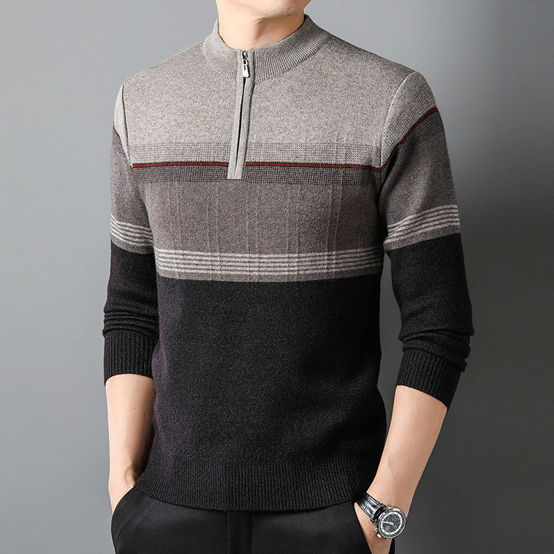 Men's Raised Collar Knit Jumper with Ribbed Edges – Black/Grey