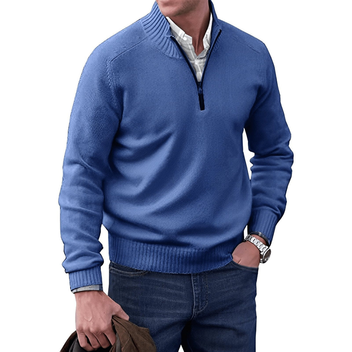 Men's Funnel Neck Half-Zip Jumper with Ribbed Trims – Blue