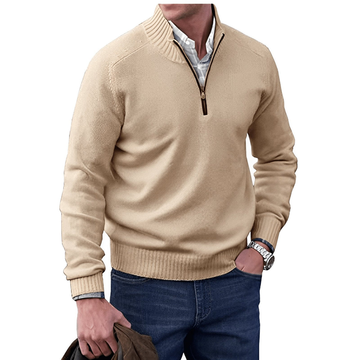 Men's Funnel Neck Half-Zip Jumper with Ribbed Trims – Khaki