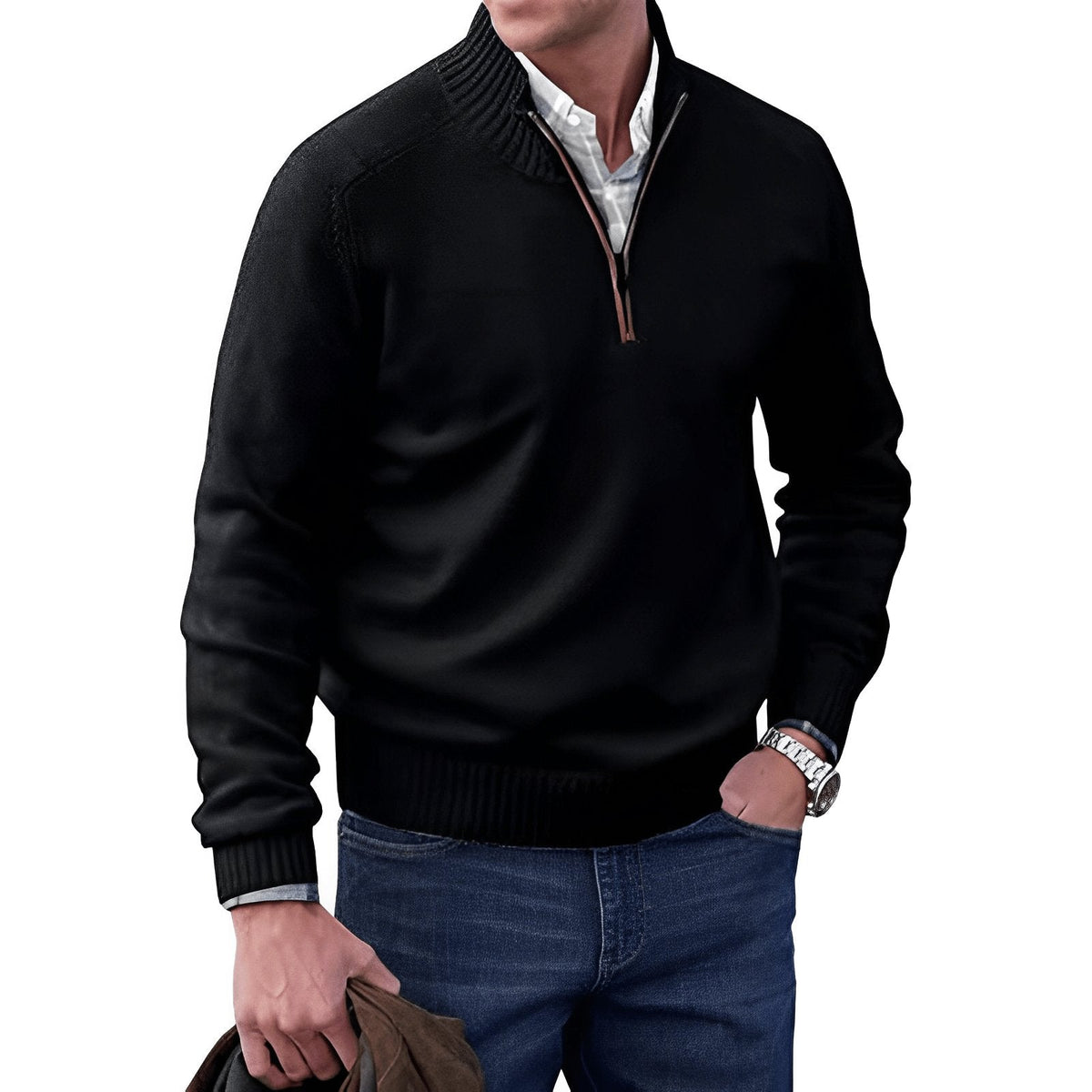 Men's Funnel Neck Half-Zip Jumper with Ribbed Trims – Black