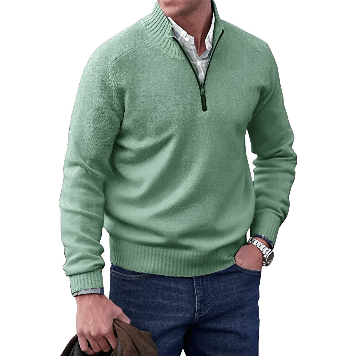 Men's Funnel Neck Half-Zip Jumper with Ribbed Trims – Sage Green