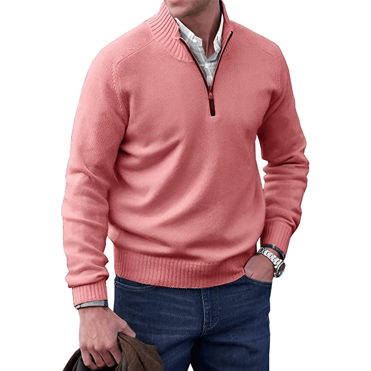 Men's Funnel Neck Half-Zip Jumper with Ribbed Trims – Pink