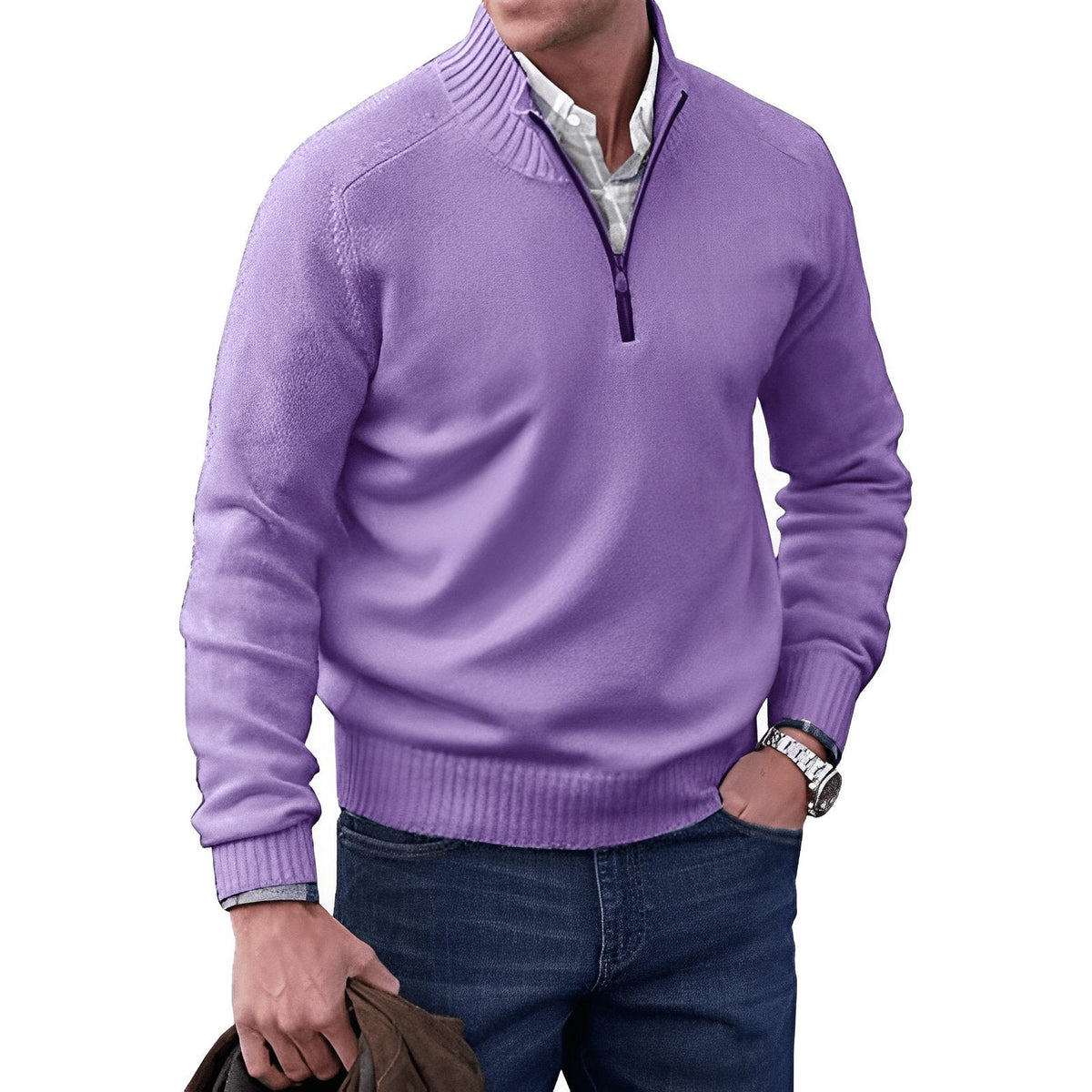 Men's Funnel Neck Half-Zip Jumper with Ribbed Trims – Purple