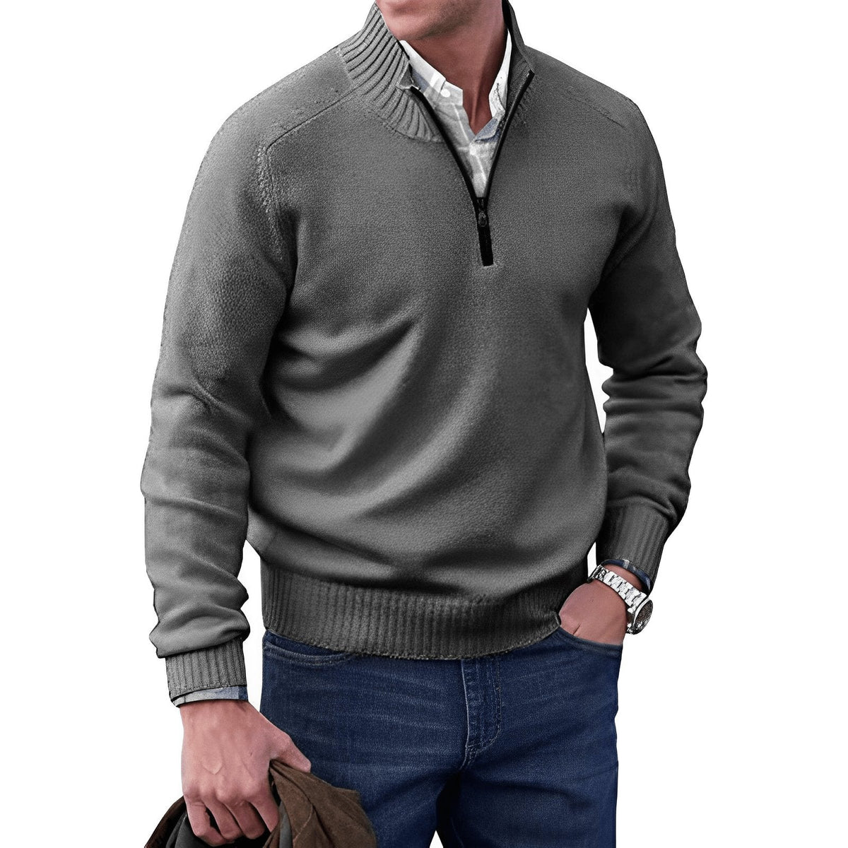 Men's Funnel Neck Half-Zip Jumper with Ribbed Trims – Dark Grey