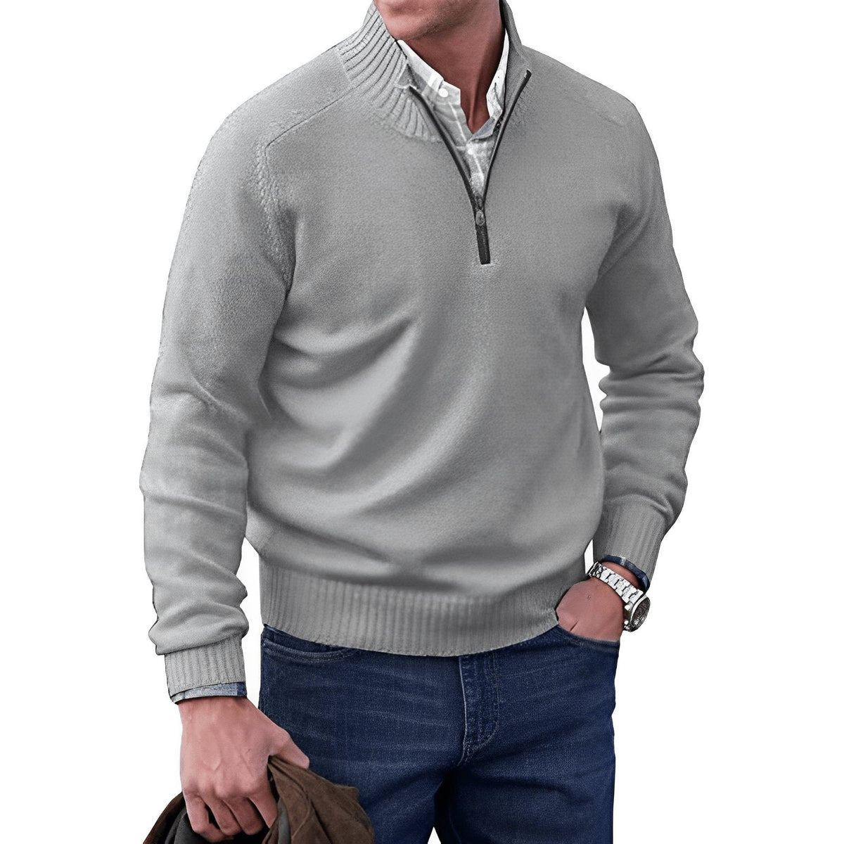Men's Funnel Neck Half-Zip Jumper with Ribbed Trims – Light Grey