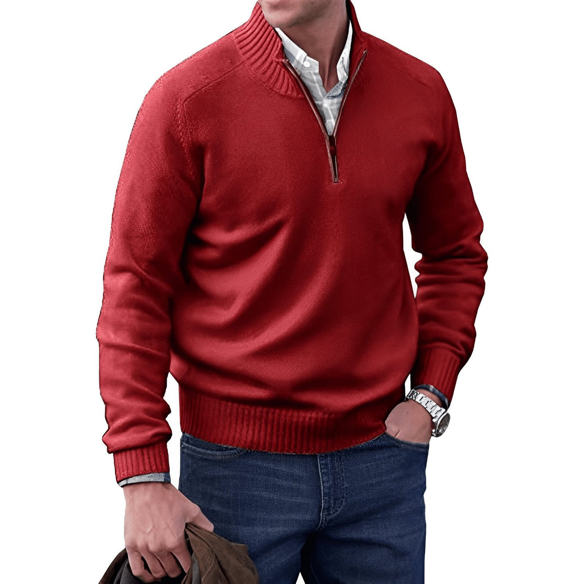 Men's Funnel Neck Half-Zip Jumper with Ribbed Trims – Red