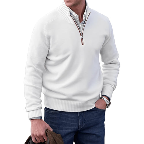 Men's Funnel Neck Half-Zip Jumper with Ribbed Trims – White
