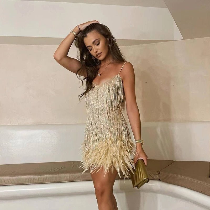 Women's Bodycon Sequin Mini Dress for Party Nights – Beige