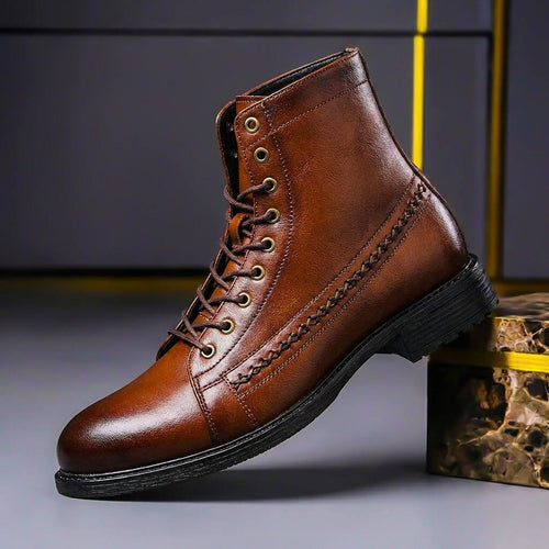Men's Lace-Up Leather Ankle Boots with Cushioned Footbed – Brown