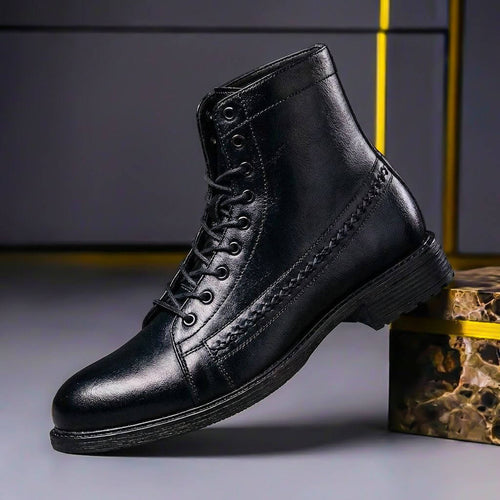 Men's Lace-Up Leather Ankle Boots with Cushioned Footbed – Black