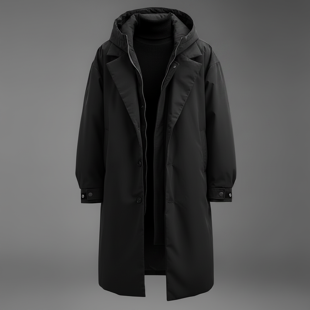 Men's Below-the-Knee Waterproof Hooded Coat with Zip and Buttons – Black