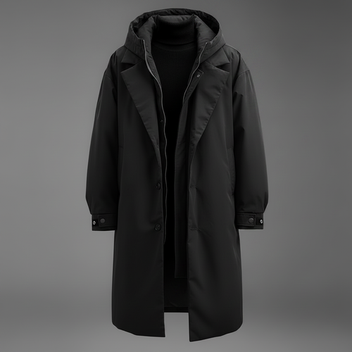 Men's Below-the-Knee Waterproof Hooded Coat with Zip and Buttons – Black