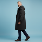 Men's Below-the-Knee Waterproof Hooded Coat with Zip and Buttons