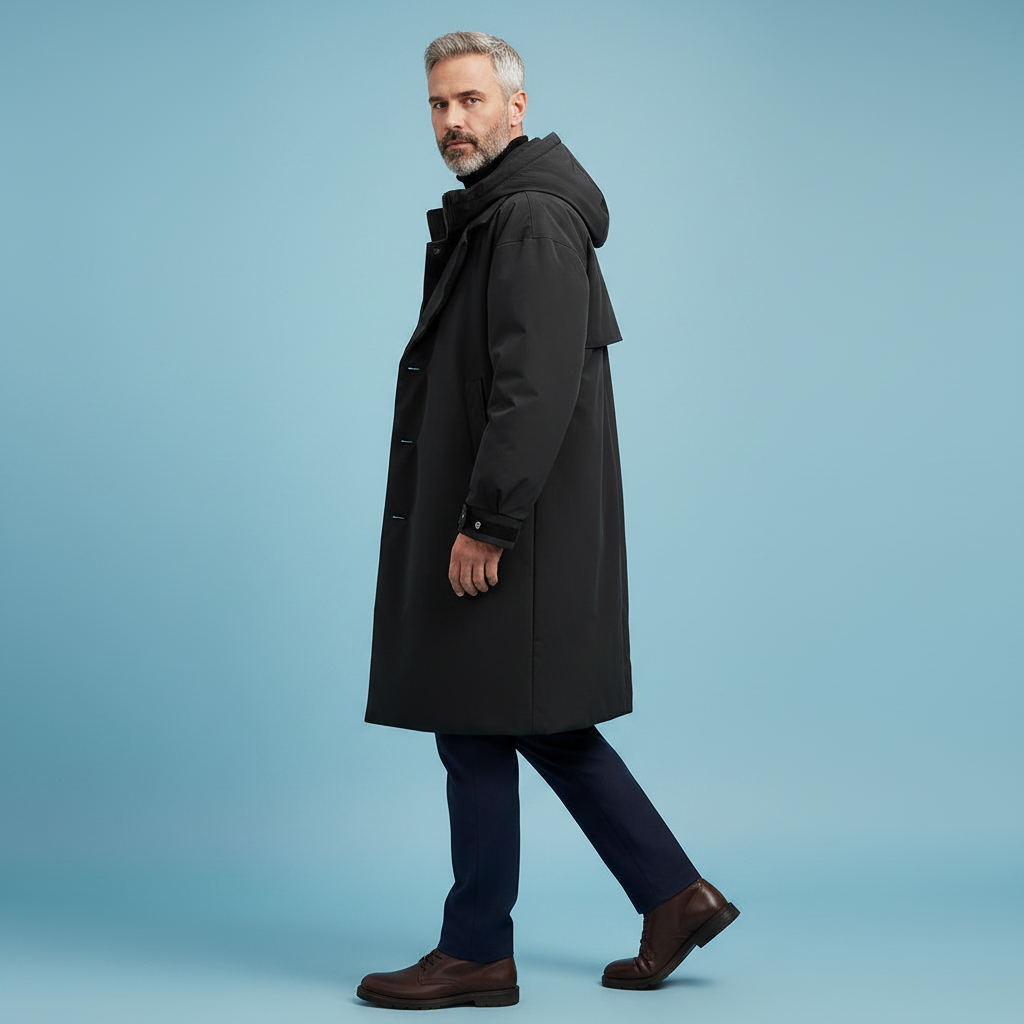 Men's Below-the-Knee Waterproof Hooded Coat with Zip and Buttons