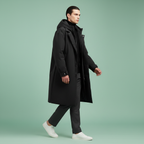 Men's Below-the-Knee Waterproof Hooded Coat with Zip and Buttons