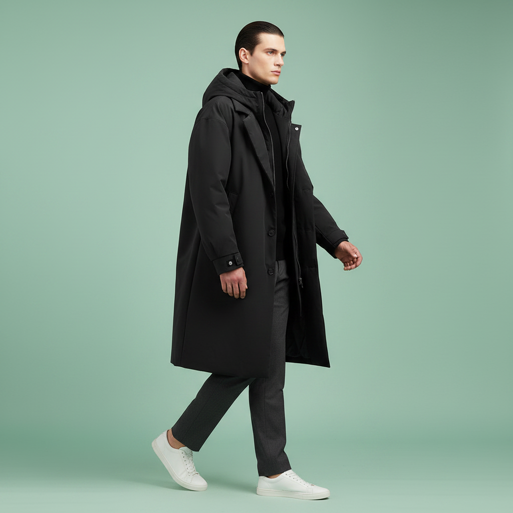 Men's Below-the-Knee Waterproof Hooded Coat with Zip and Buttons